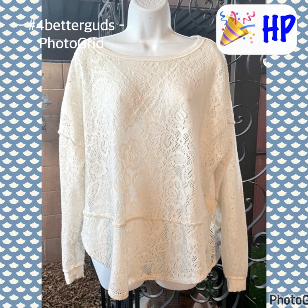 Free People Oversized Crochet Lace Eyelet Sweater Sweatshirt Long Sleeve Top S P